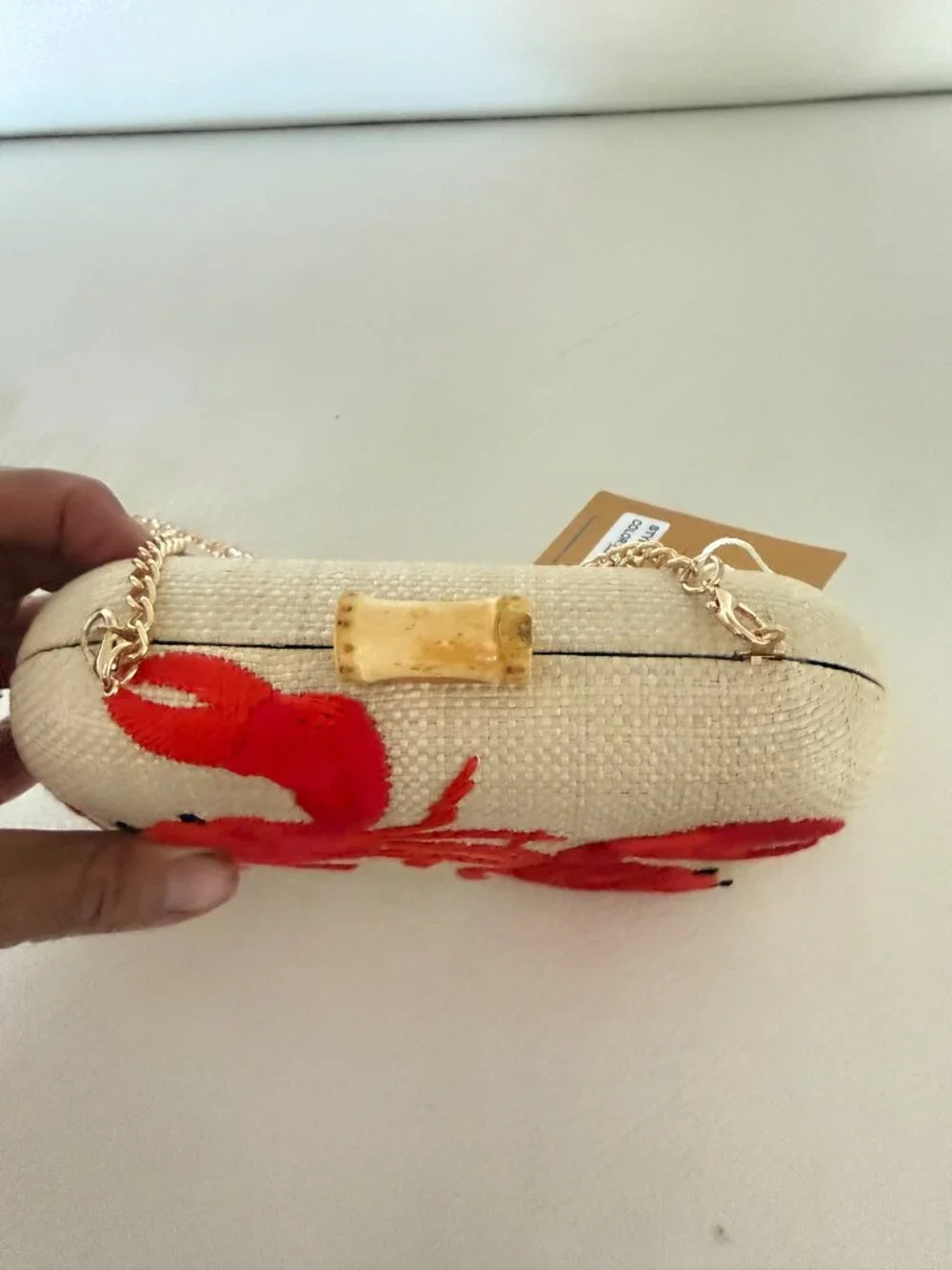 NWT TOMMY BAHAMA CRAB EMBROIDERED STRAW BOX CLUTCH BAG W GOLD TONE CHAIN STRAP